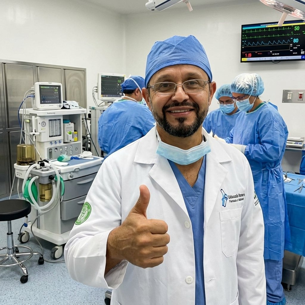 Dr. Romero en quirófano con su equipo quirúrgico mostrando pulgar arriba